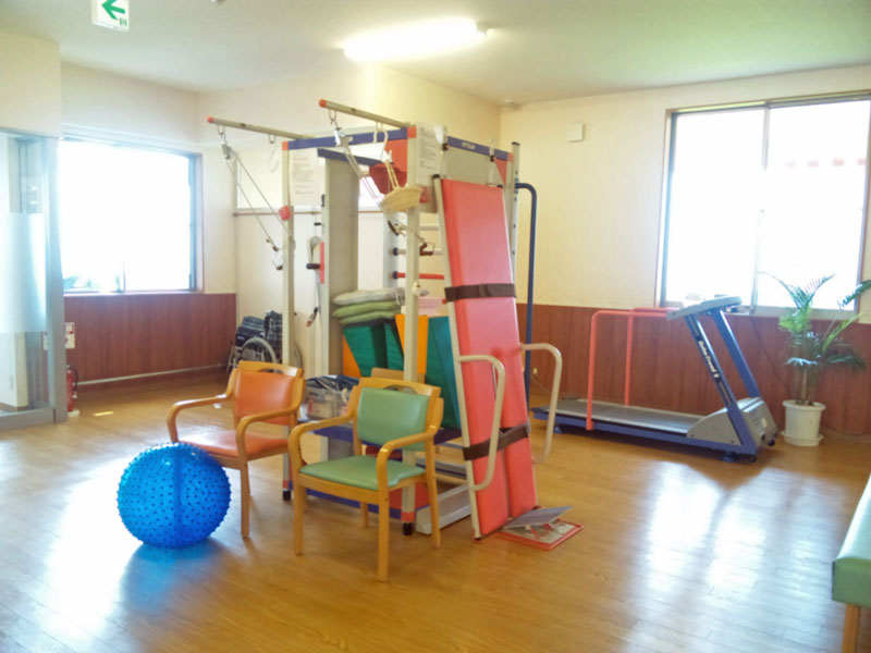 歩行訓練用平行棒やバランスボールを完備した機能訓練スペース（クリックで拡大表示）